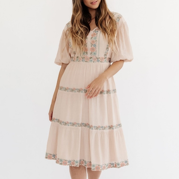 orange creek Dresses & Skirts - ORANGE CREEK | BoHo Floral Embroidered Pink Tiered Ruffle Dress